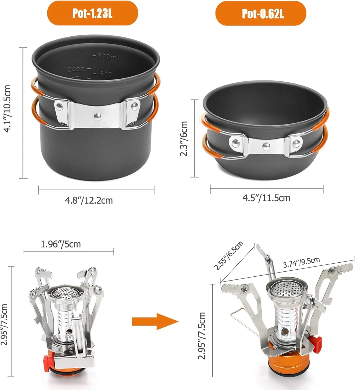 Camping Cookware Mess Kit with Lightweight Pot, Camping Stove, Spork and Carry Mesh Bag, Great for Backpacking Outdoor Camping Hiking and Picnic