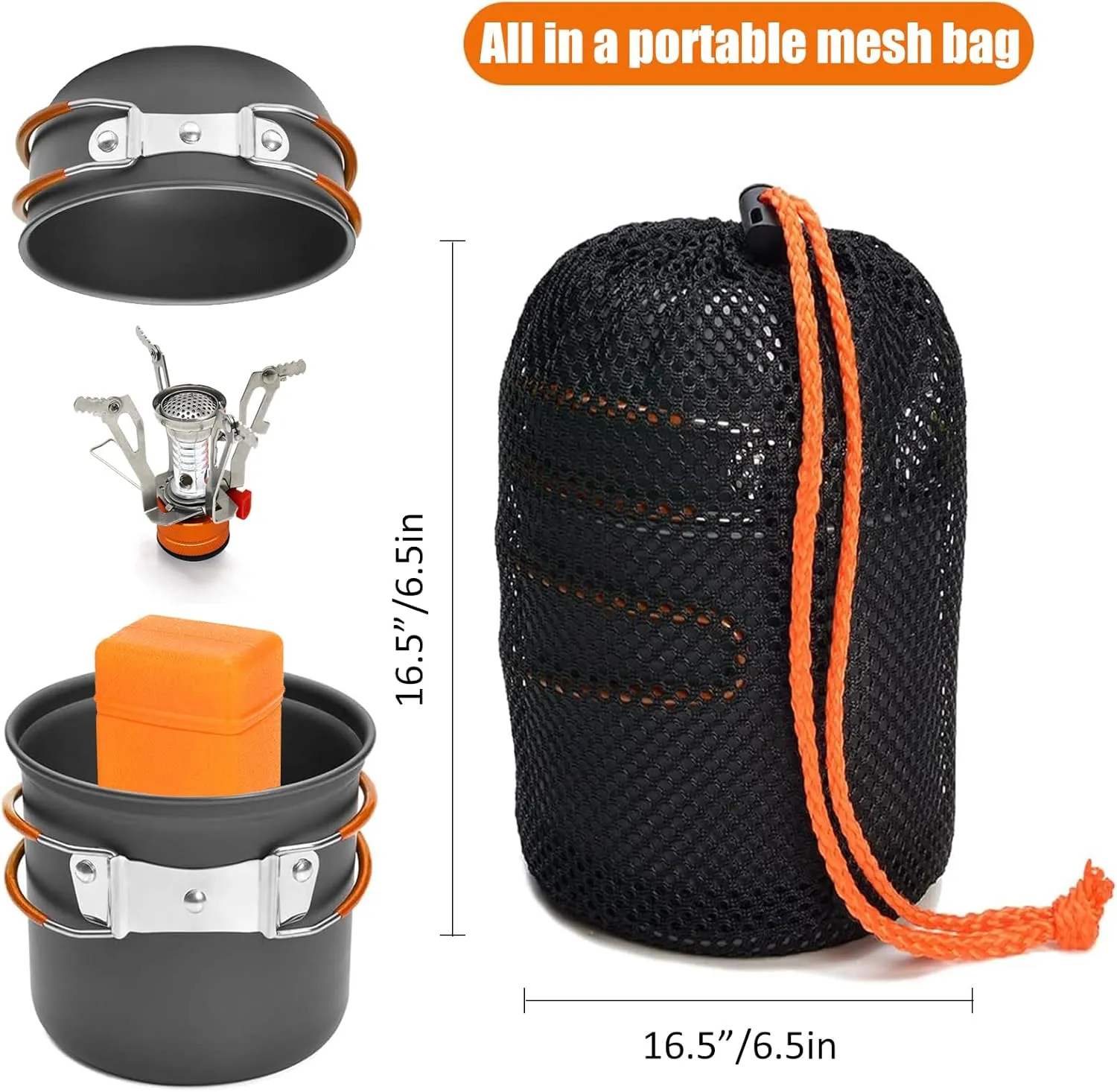Camping Cookware Mess Kit with Lightweight Pot, Camping Stove, Spork and Carry Mesh Bag, Great for Backpacking Outdoor Camping Hiking and Picnic