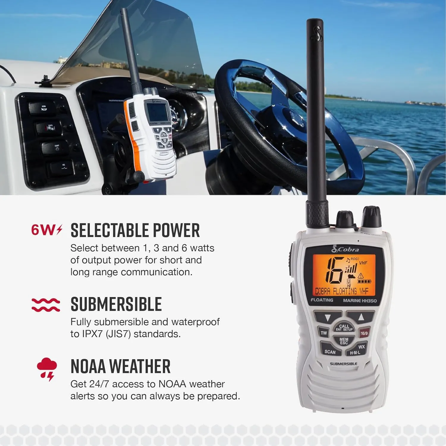 Cobra MR HH350 FLT Handheld Floating VHF Radio - 6 Watt, Submersible, Noise Cancelling Mic, Backlit LCD Display, NOAA Weather, and Memory Scan, White