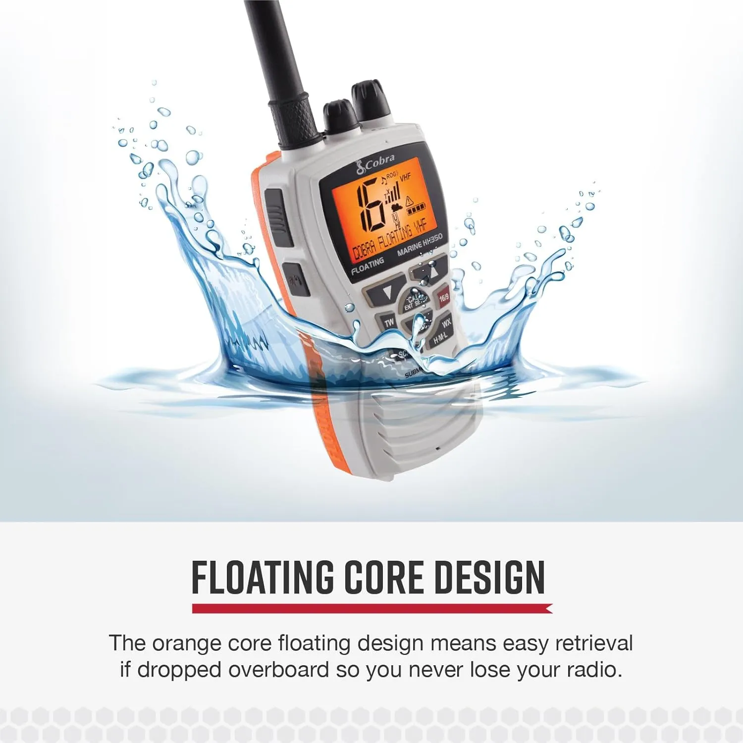 Cobra MR HH350 FLT Handheld Floating VHF Radio - 6 Watt, Submersible, Noise Cancelling Mic, Backlit LCD Display, NOAA Weather, and Memory Scan, White