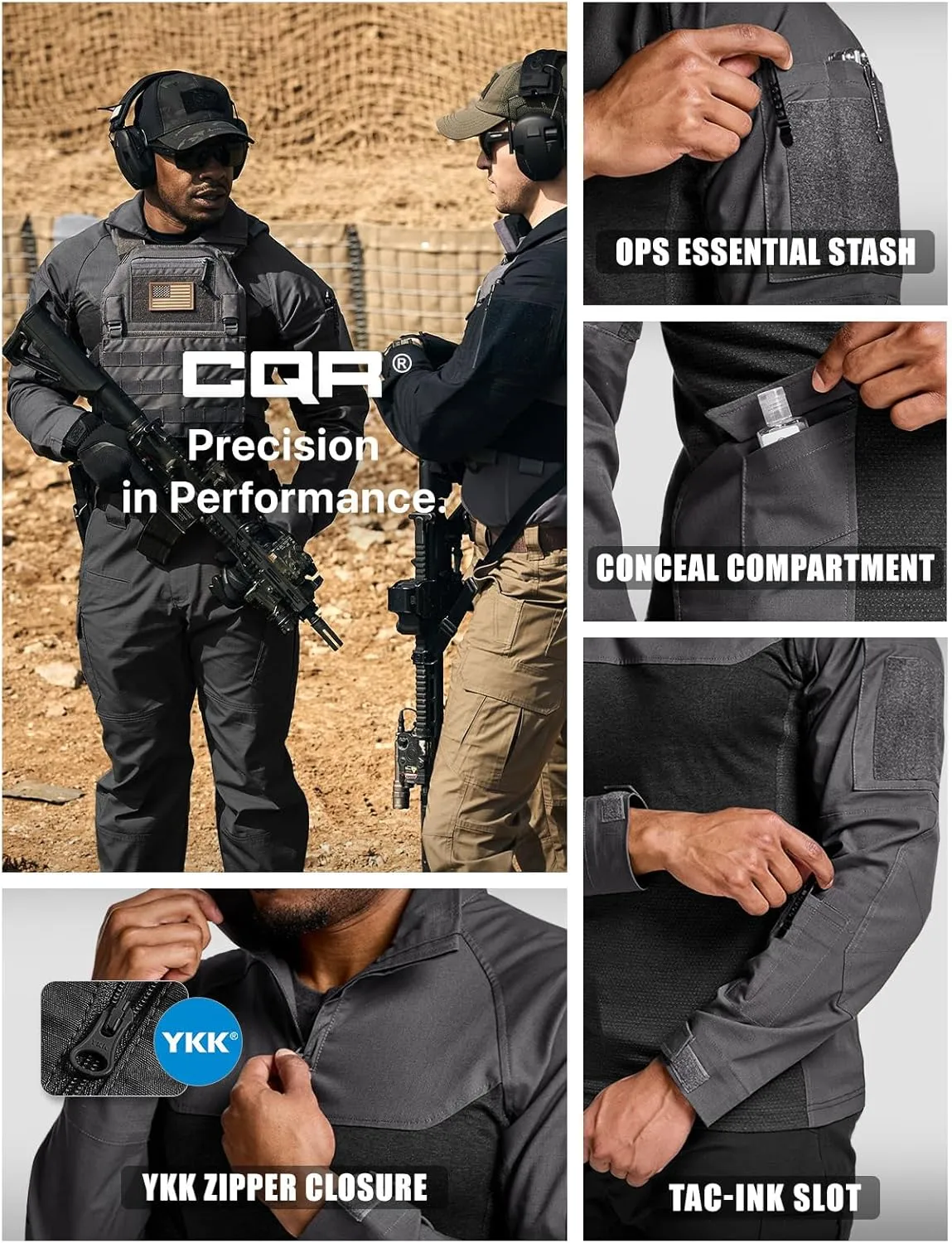 CQR Men's Combat Shirt Tactical 1/4 Zip Long Sleeve Military BDU Shirts Camo EDC Top with Pockets