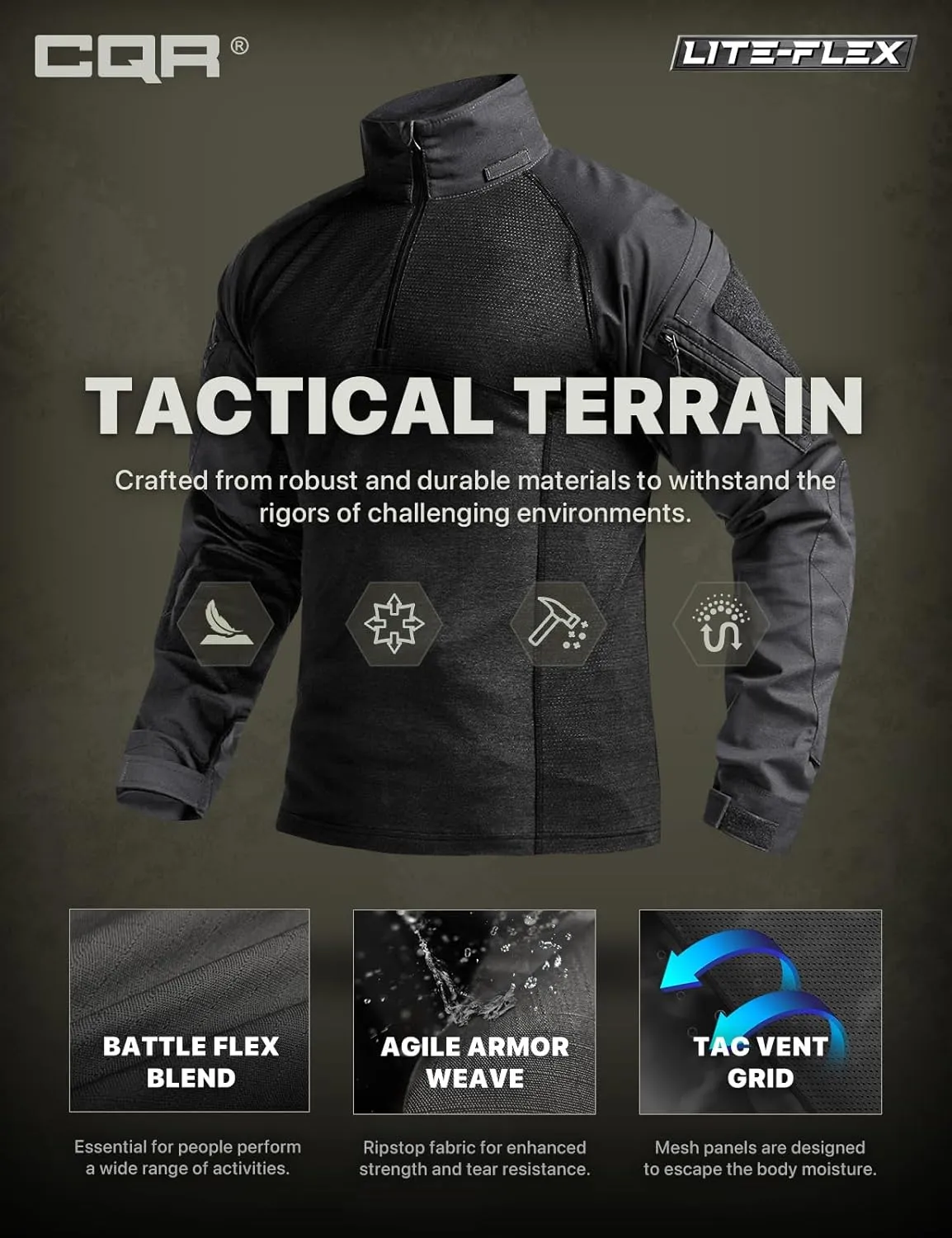 CQR Men's Combat Shirt Tactical 1/4 Zip Long Sleeve Military BDU Shirts Camo EDC Top with Pockets