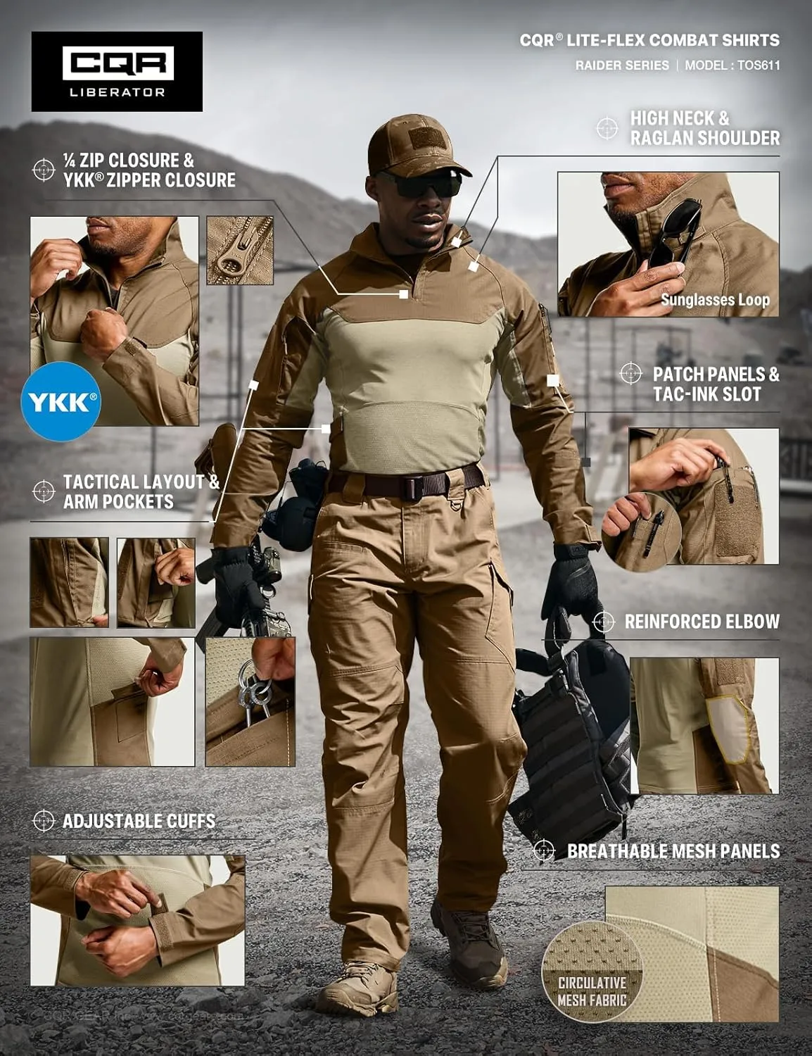 CQR Men's Combat Shirt Tactical 1/4 Zip Long Sleeve Military BDU Shirts Camo EDC Top with Pockets