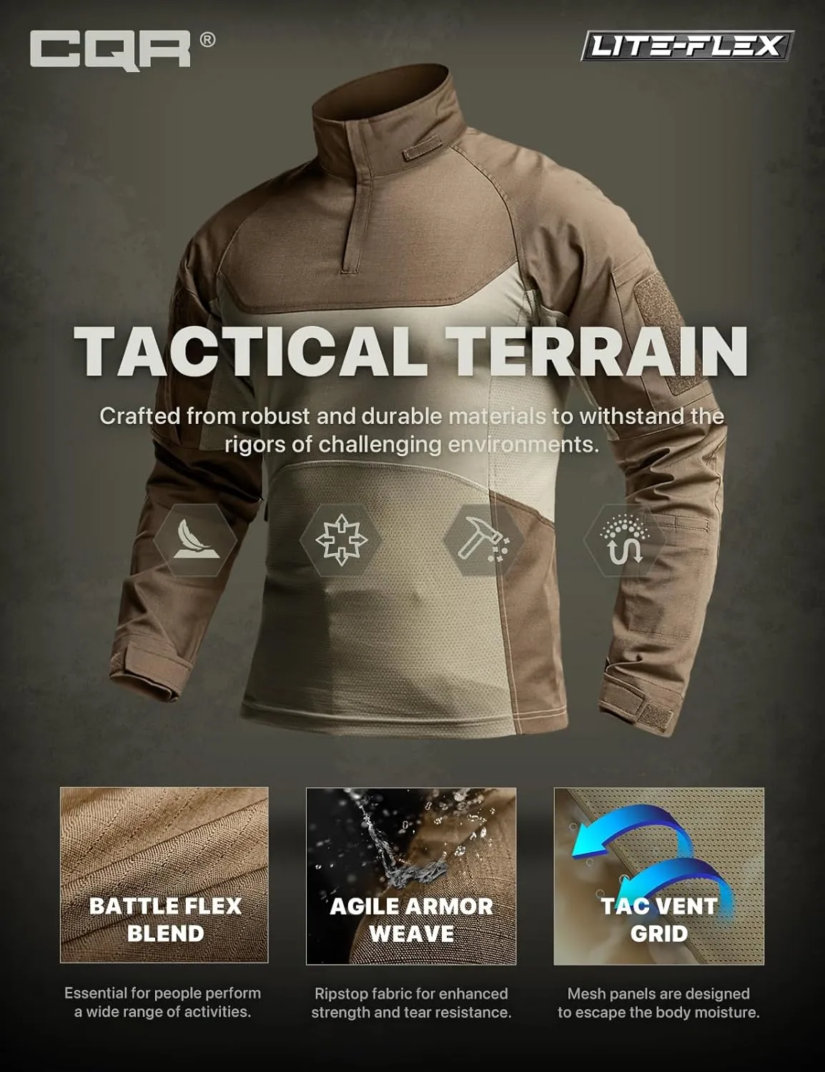 CQR Men's Combat Shirt Tactical 1/4 Zip Long Sleeve Military BDU Shirts Camo EDC Top with Pockets
