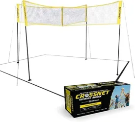 CROSSNET Quick Assemble 4 Square Volleyball Game Set for Adults and Kids with Volleyball Net, Backpack and Ball for Outdoor Games