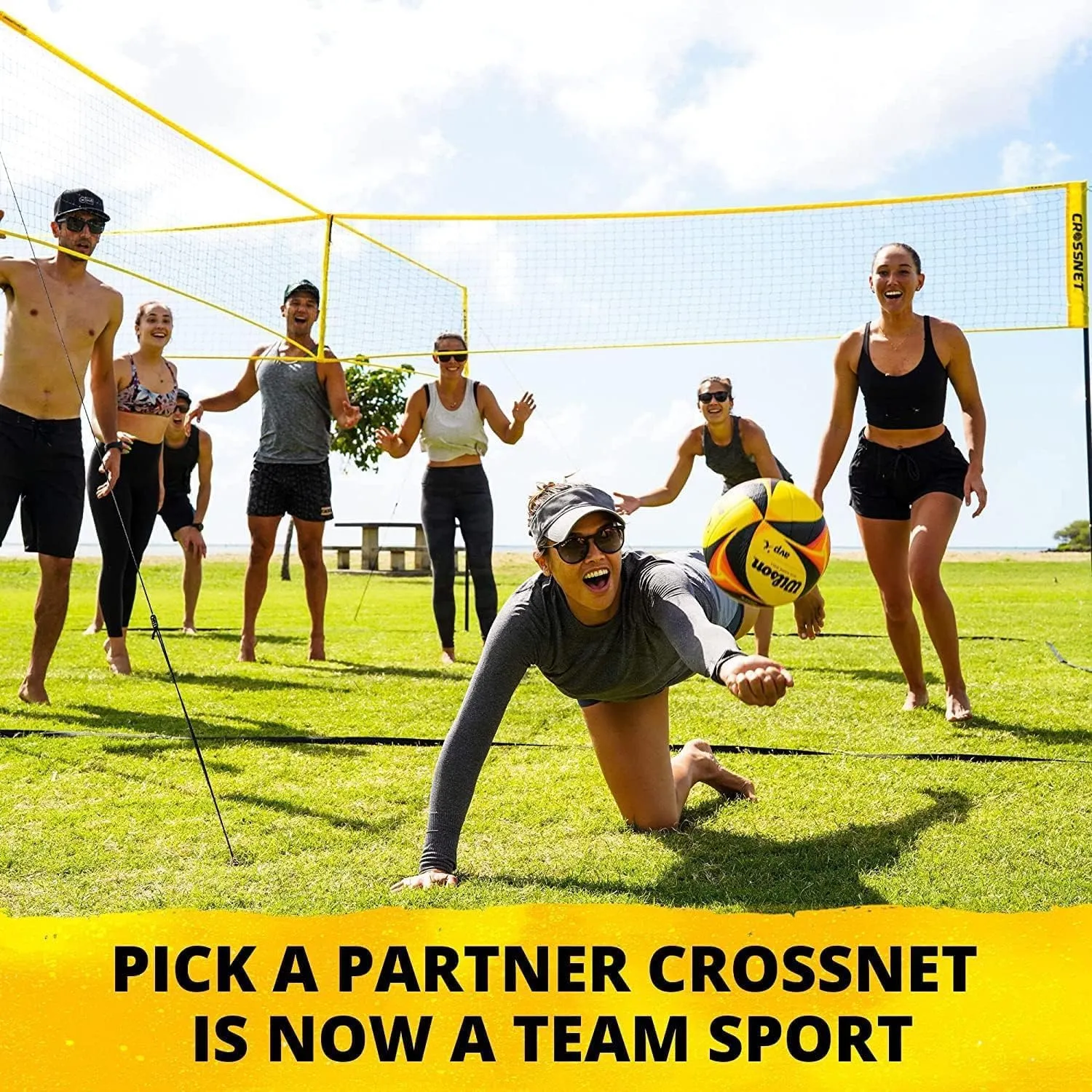 CROSSNET Quick Assemble 4 Square Volleyball Game Set for Adults and Kids with Volleyball Net, Backpack and Ball for Outdoor Games