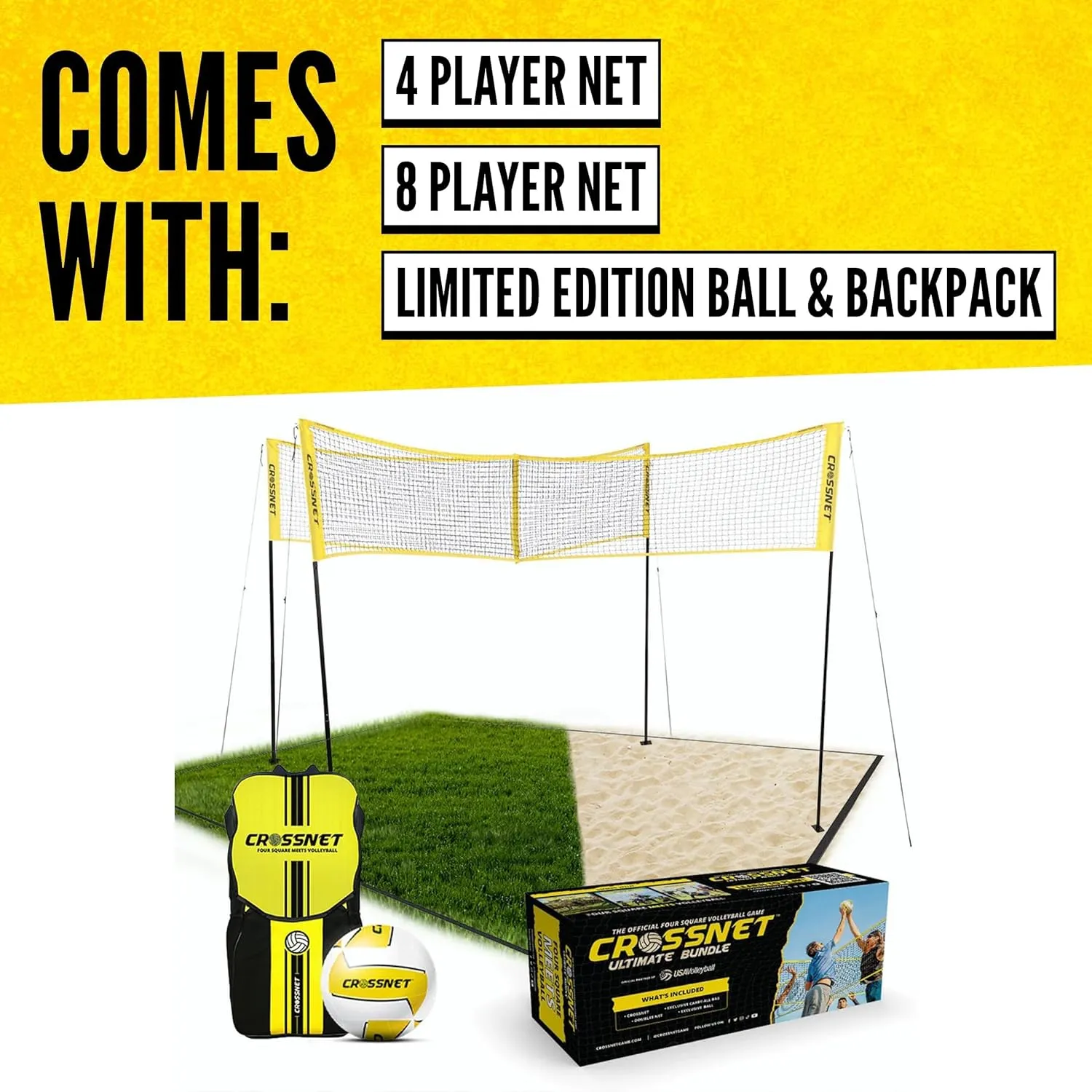 CROSSNET Quick Assemble 4 Square Volleyball Game Set for Adults and Kids with Volleyball Net, Backpack and Ball for Outdoor Games