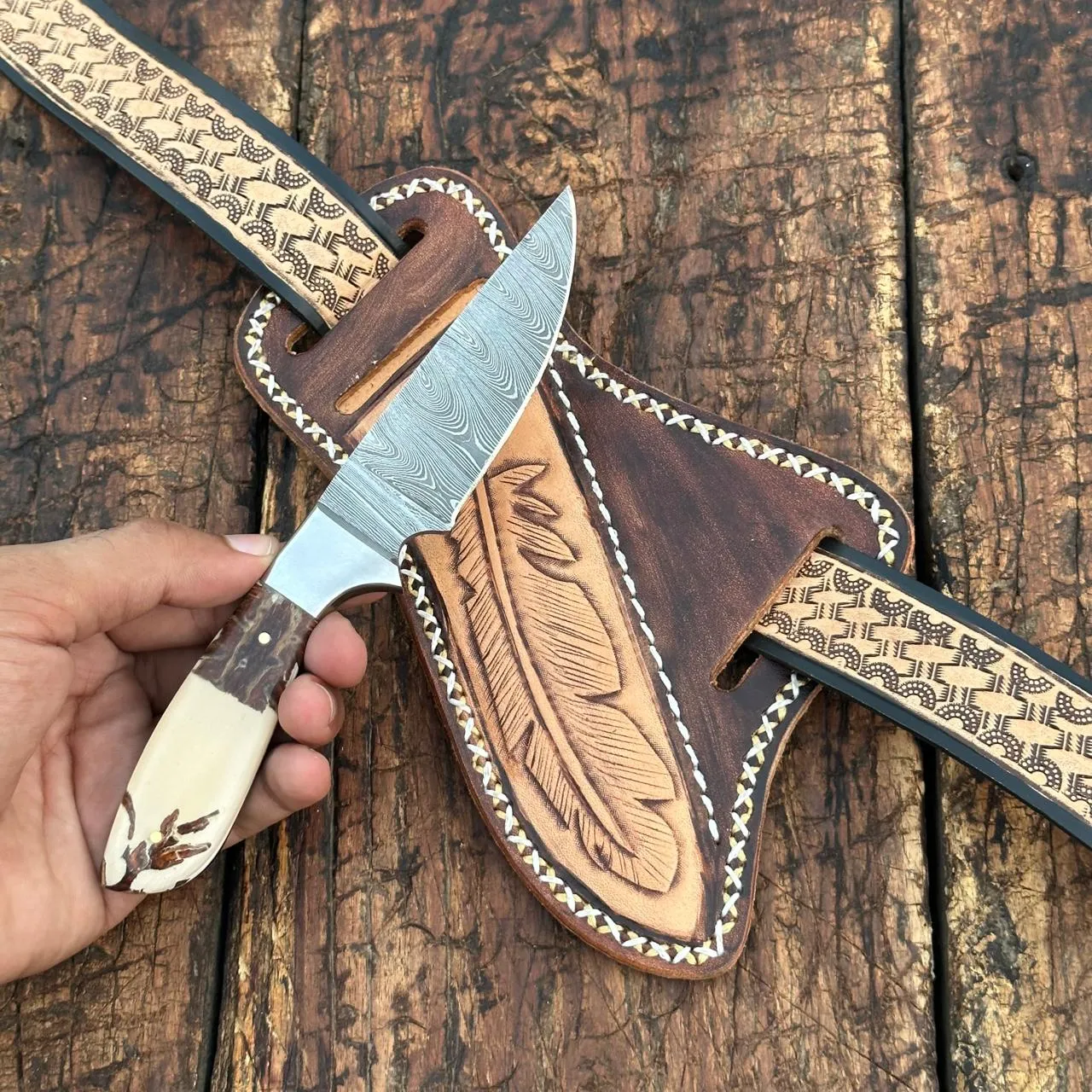 Damascus Skinner Knife with Handtooled Sheath & Belt