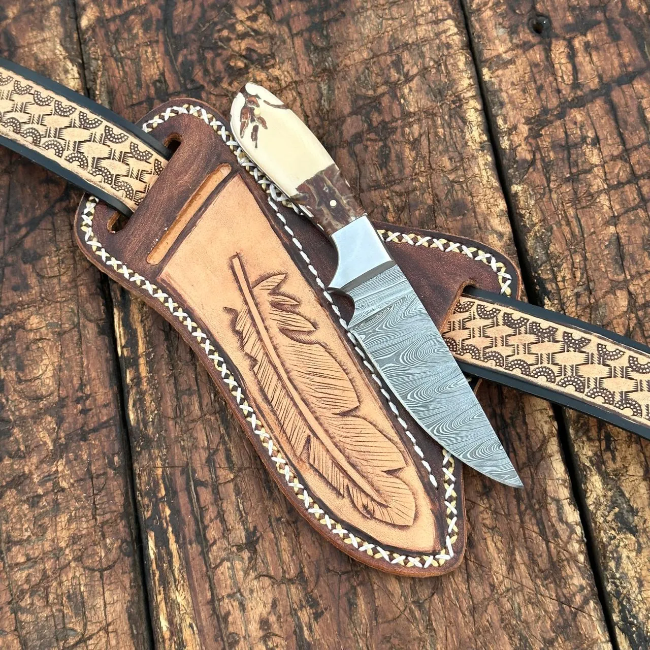 Damascus Skinner Knife with Handtooled Sheath & Belt