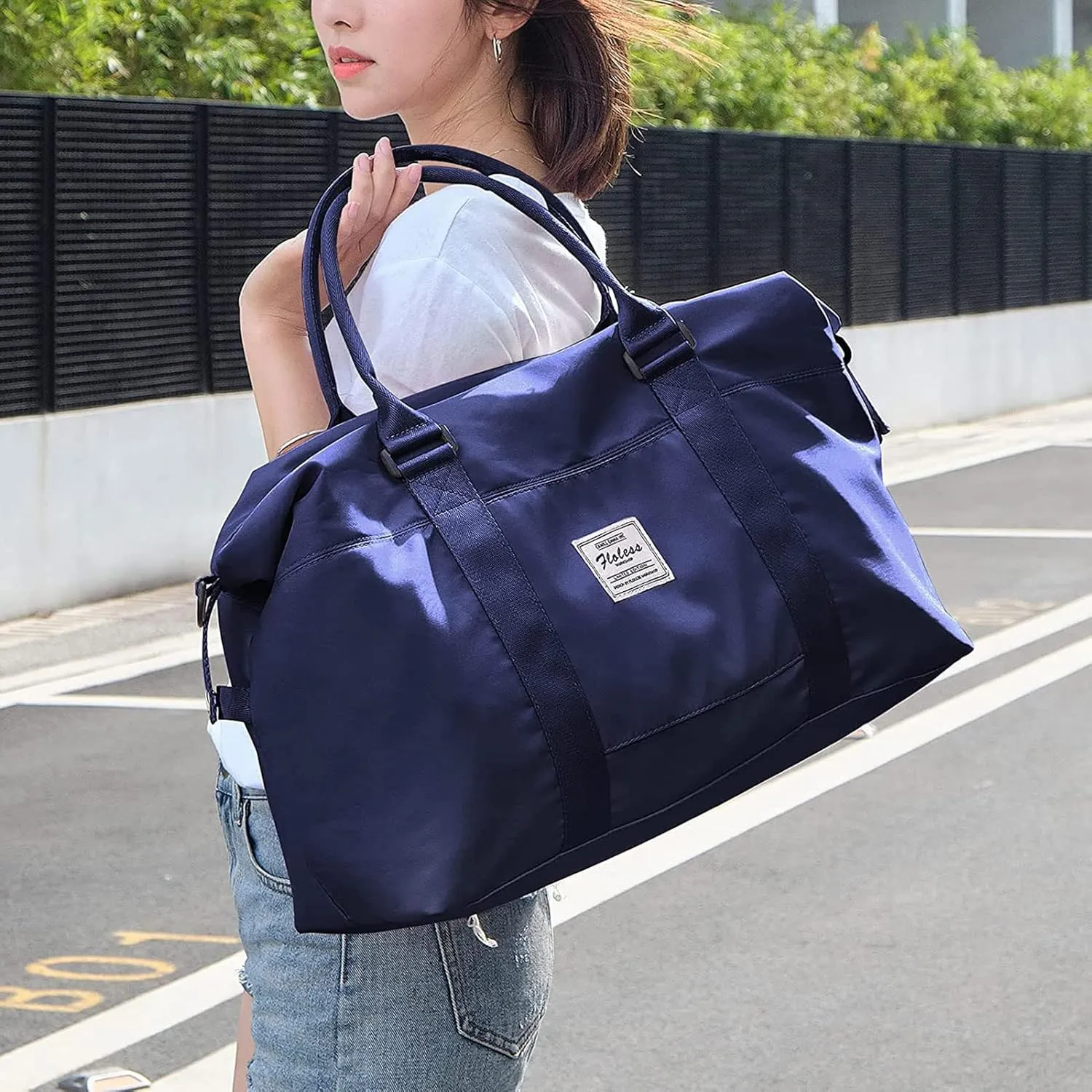 Dark Blue Sport Travel Duffle Bag Large Gym Tote Bag for Women, Weekender Bag Carry on Bag for Airplane, Ladies Beach Overnight Bag Waterproof Luggage Bags with Wet Pocket