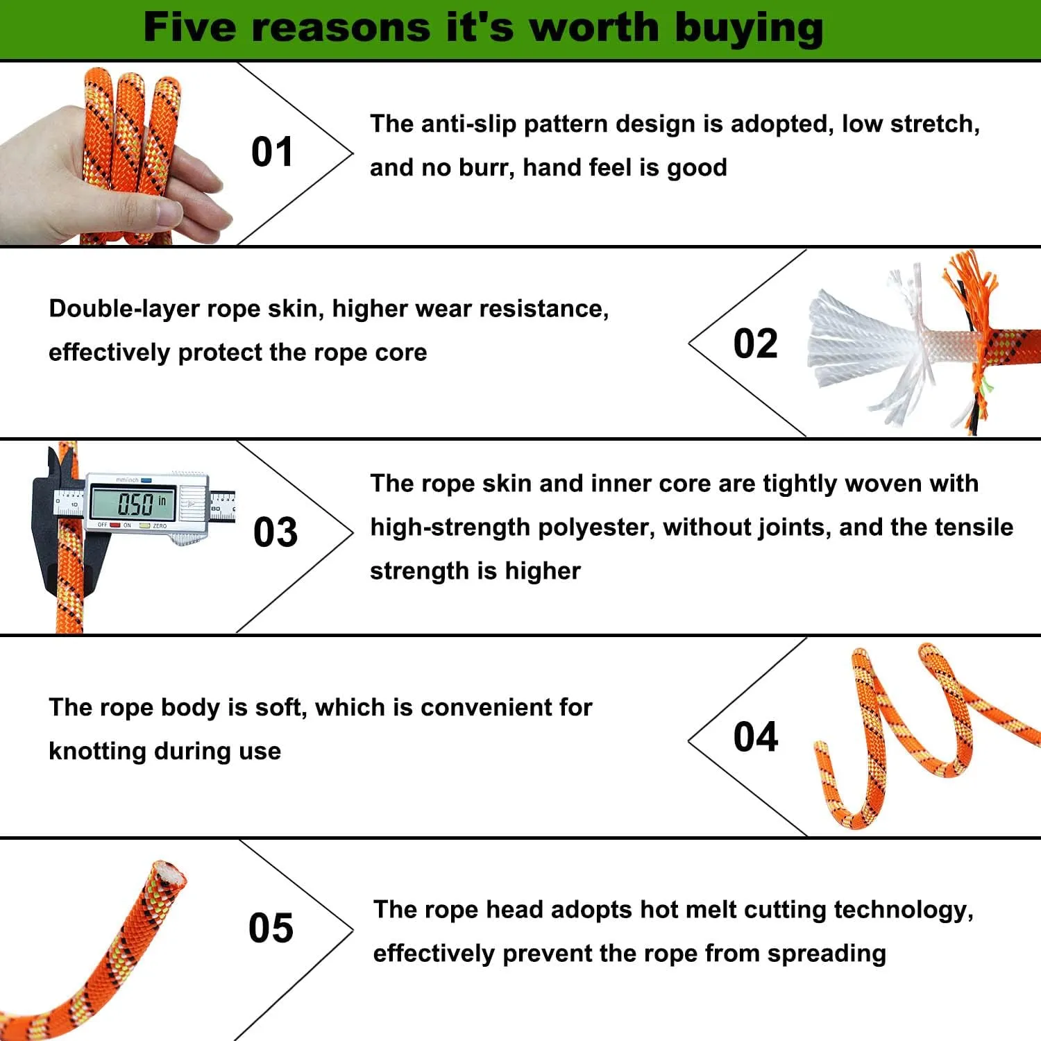 Double Braided Polyester Rope (1/2 in x 100 ft) Strong Arborist Rigging Rope 48 Strands for Tree Work Climbing Pulling Swing Sailing, Orange