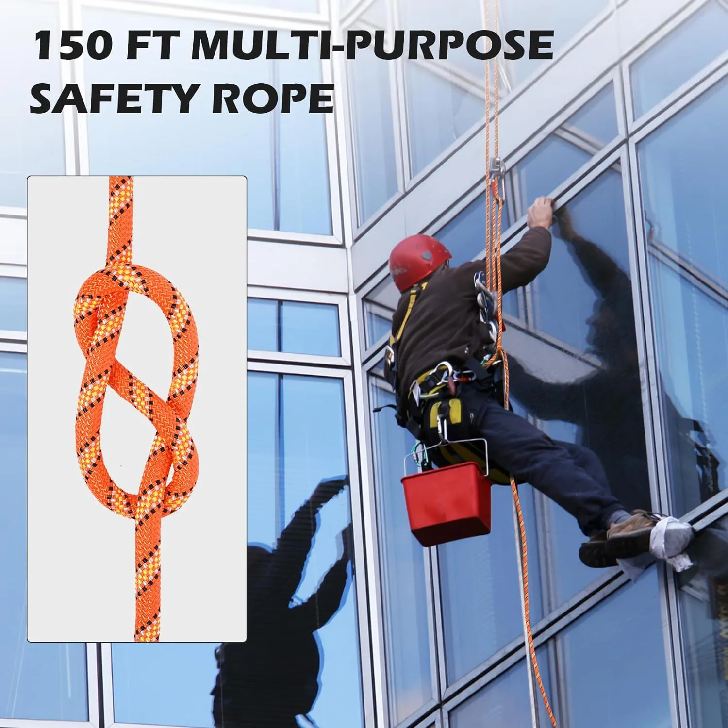 Double Braided Polyester Rope (1/2 in x 150 ft), High Strength Outdoor Climbing Rope, Strong Arborist Ropes for Rock Hiking Camping Construction Climbing Swing Sailing, Orange