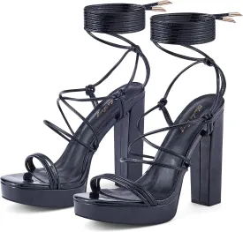 Elisabet Tang Women's Strappy Heeled Sandals, 5 inch Platform Heels Chunky Lace up High Heels Open Toe Party Shoes