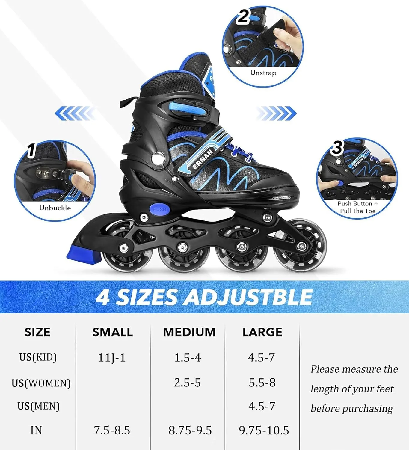 ERNAN Inline Roller Skates,Adjustable Inline Skate for Kids and Adults with Full Light Up Wheels,Outdoor Roller Blades for Boys and Girls, Men and Women