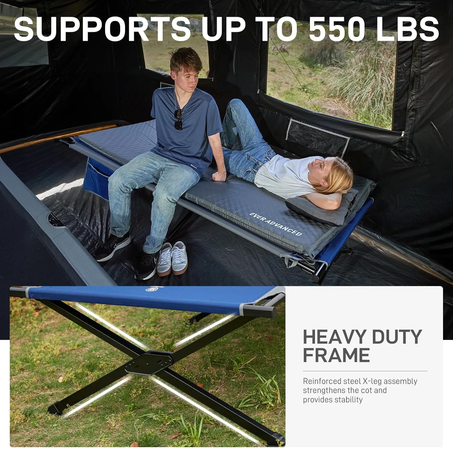 EVER ADVANCED Sleeping Cot for Adults, Heavy Duty Camping Cots for Outdoor with Carry Bag, Extra Wide Folding Bed Camp Cot, 84.3" L x 41.9" W, Supports to 550 lbs