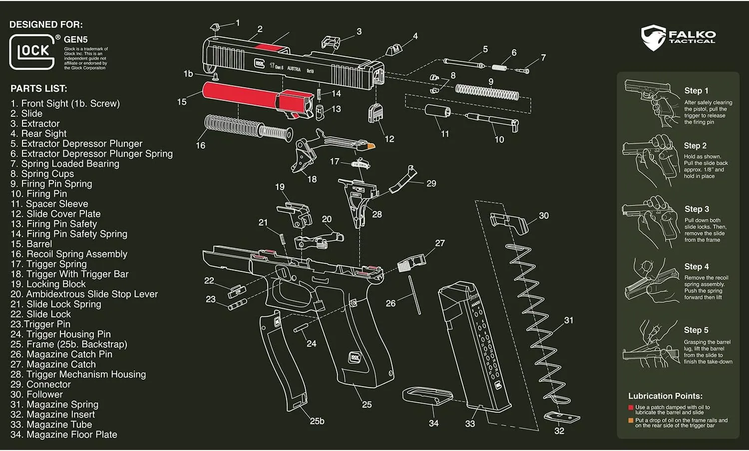 Falko Tactical Gun Cleaning Mat for Glock - Double Thickness Gun Mat - HD Exploded Diagram Including Parts List, Lubrication Points and Disassembly Steps (20 by 12 Inches)
