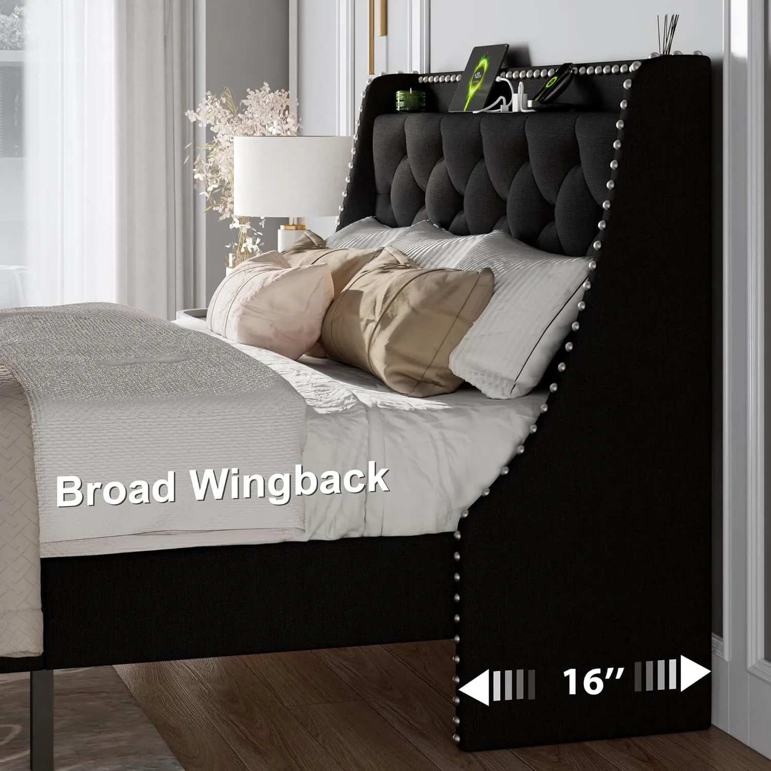 Feonase Full Size Bed Frame with Luxury Wingback and Fast Charging Station,Full Upholstered Button Tufted Storage Headboard Platform Bed,Sturdy Wooden Slats Support,Noise-Free,Easy Assembly,Black