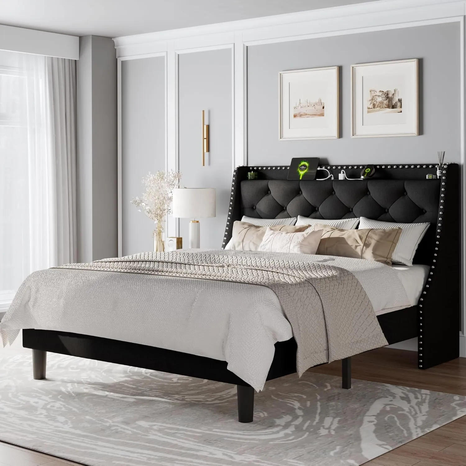 Feonase Full Size Bed Frame with Luxury Wingback and Fast Charging Station,Full Upholstered Button Tufted Storage Headboard Platform Bed,Sturdy Wooden Slats Support,Noise-Free,Easy Assembly,Black