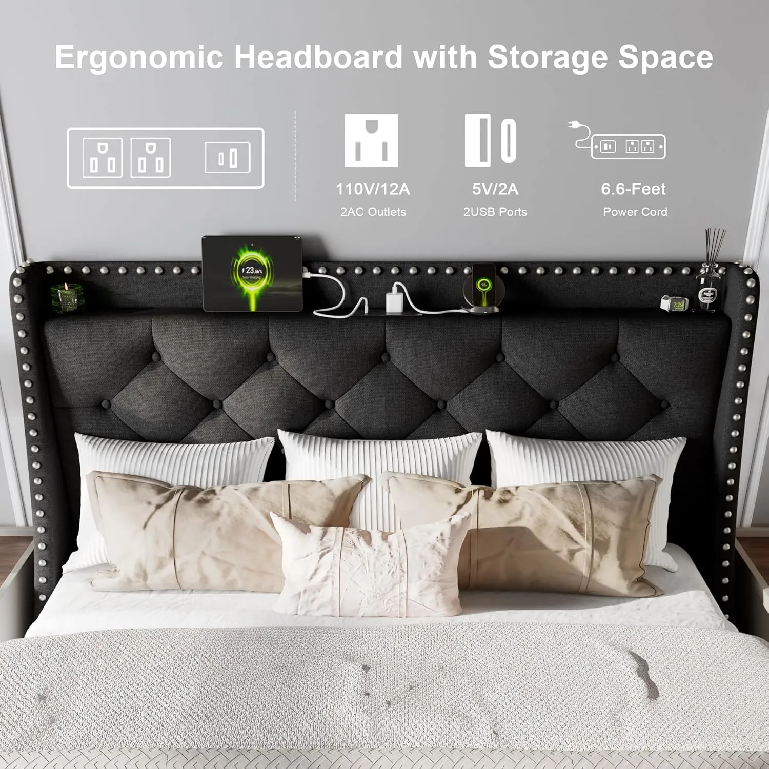 Feonase Full Size Bed Frame with Luxury Wingback and Fast Charging Station,Full Upholstered Button Tufted Storage Headboard Platform Bed,Sturdy Wooden Slats Support,Noise-Free,Easy Assembly,Black