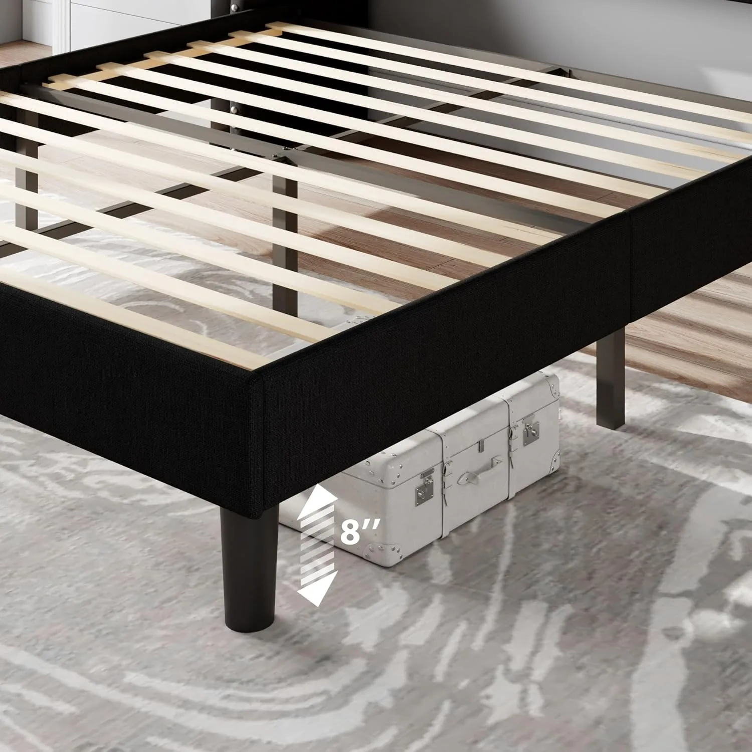 Feonase Full Size Bed Frame with Luxury Wingback and Fast Charging Station,Full Upholstered Button Tufted Storage Headboard Platform Bed,Sturdy Wooden Slats Support,Noise-Free,Easy Assembly,Black