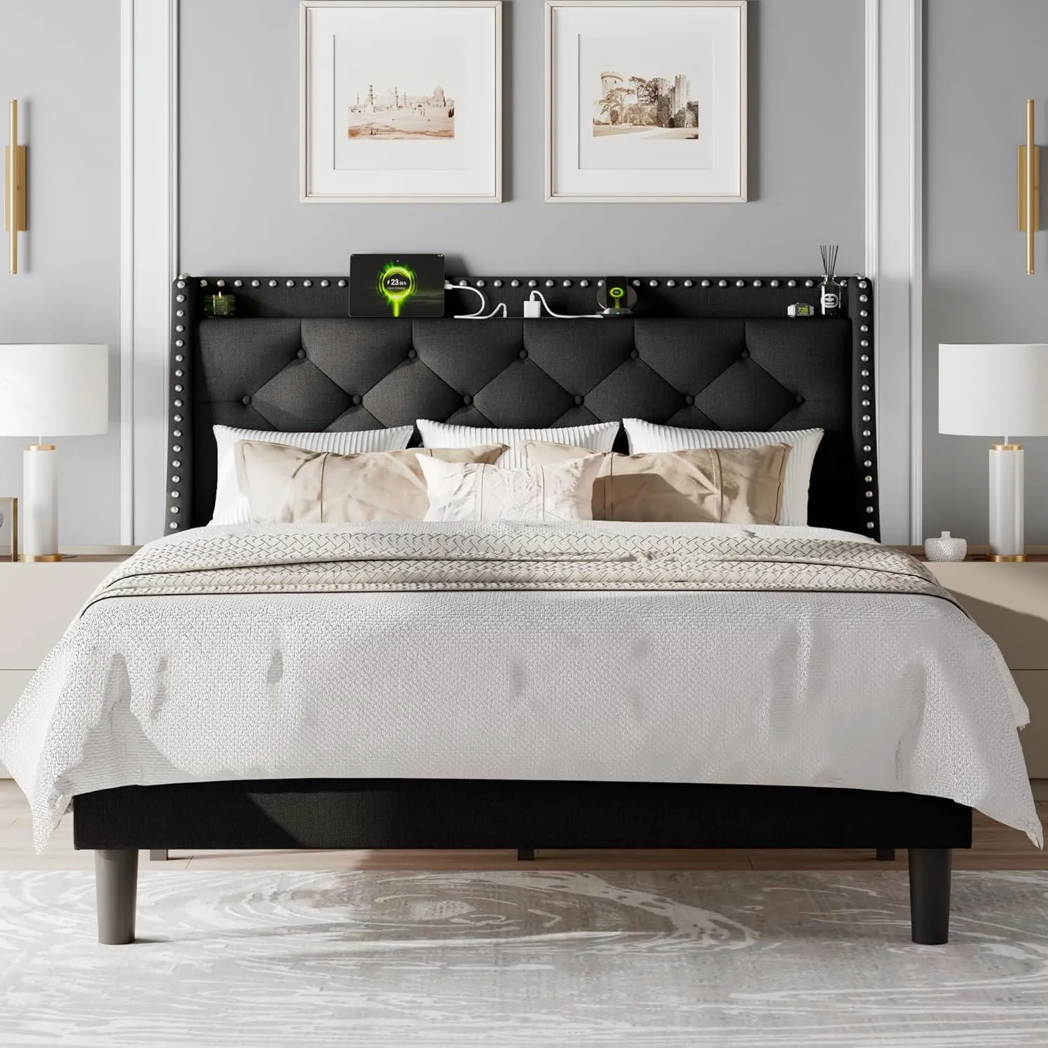 Feonase Full Size Bed Frame with Luxury Wingback and Fast Charging Station,Full Upholstered Button Tufted Storage Headboard Platform Bed,Sturdy Wooden Slats Support,Noise-Free,Easy Assembly,Black
