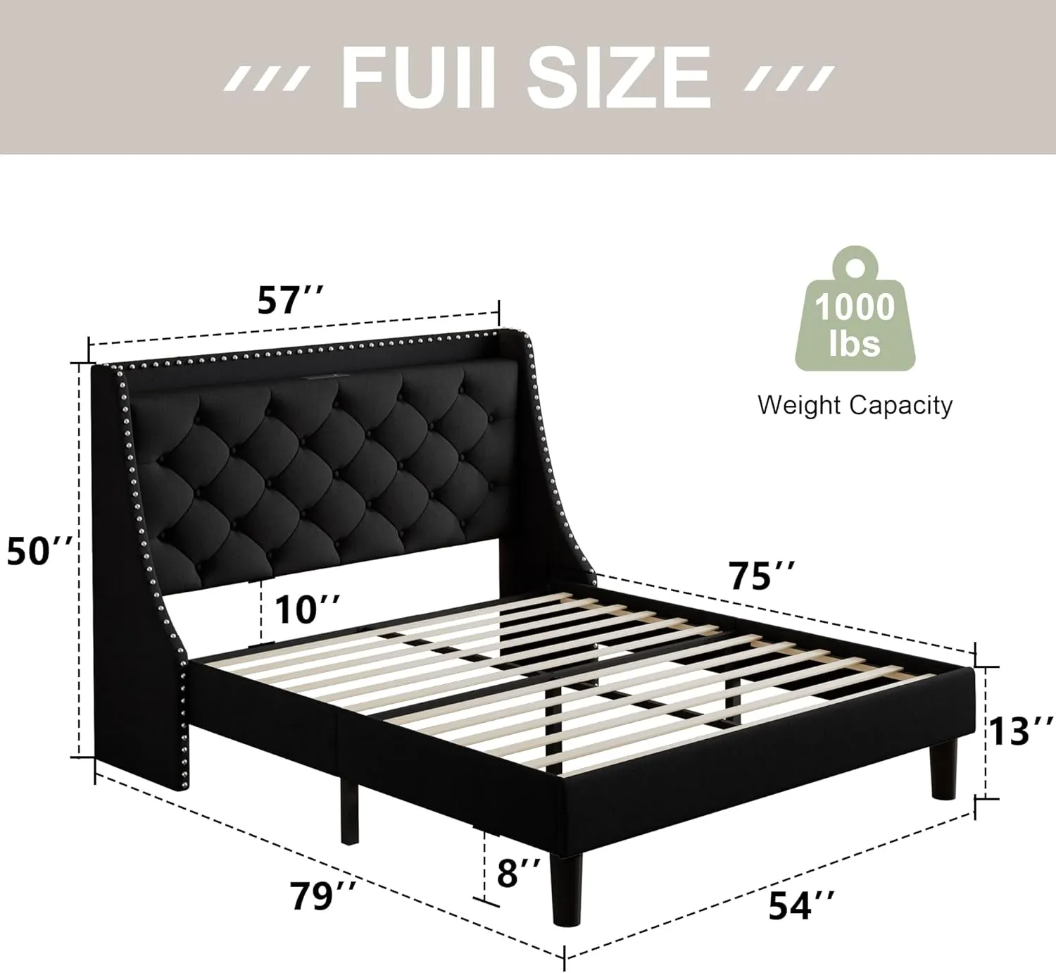 Feonase Full Size Bed Frame with Luxury Wingback and Fast Charging Station,Full Upholstered Button Tufted Storage Headboard Platform Bed,Sturdy Wooden Slats Support,Noise-Free,Easy Assembly,Black