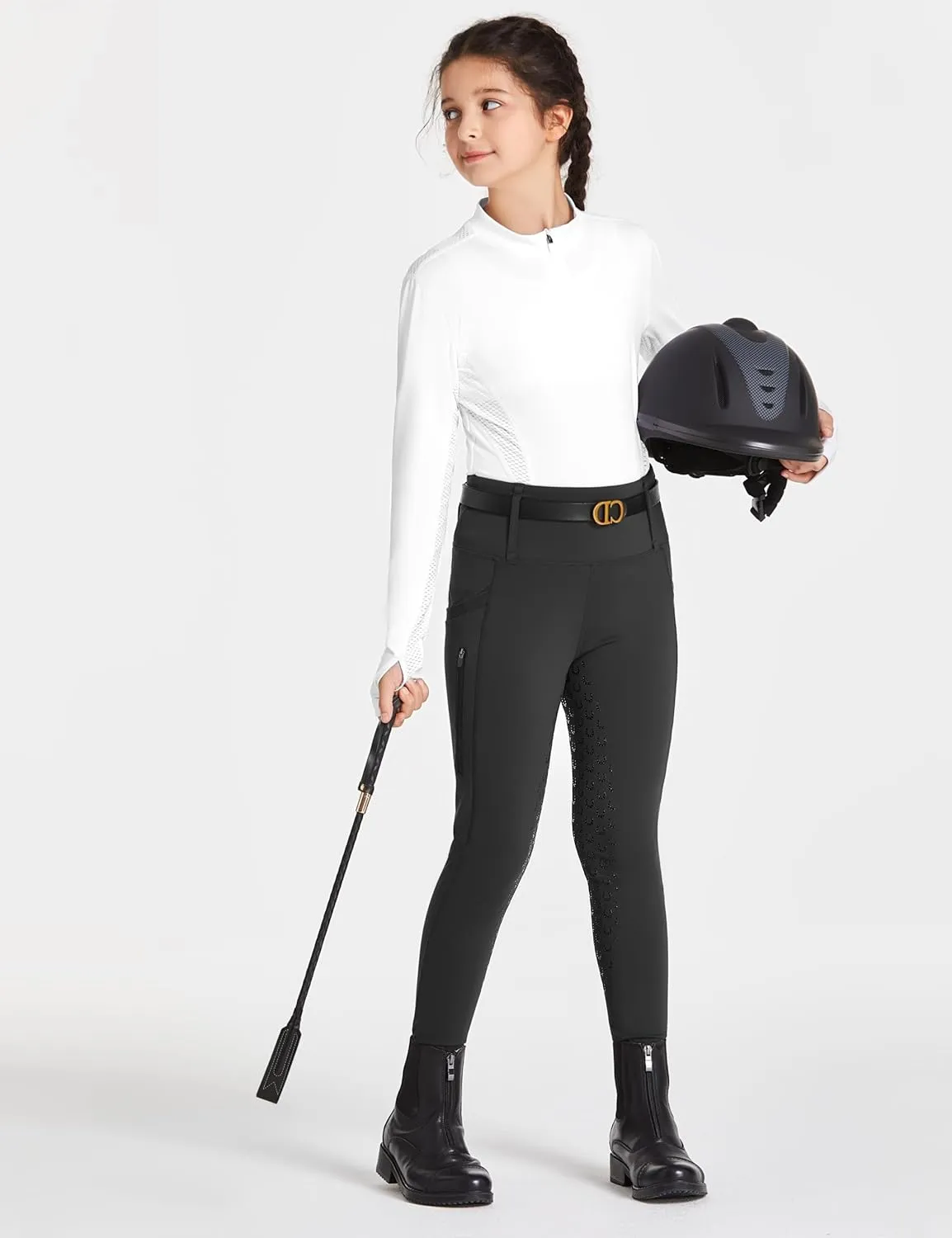 FitsT4 Sports Girls Riding Pants Full Seat High Waist Kids Equestrian Breeches Horse Schooling Tights Zipper Pockets