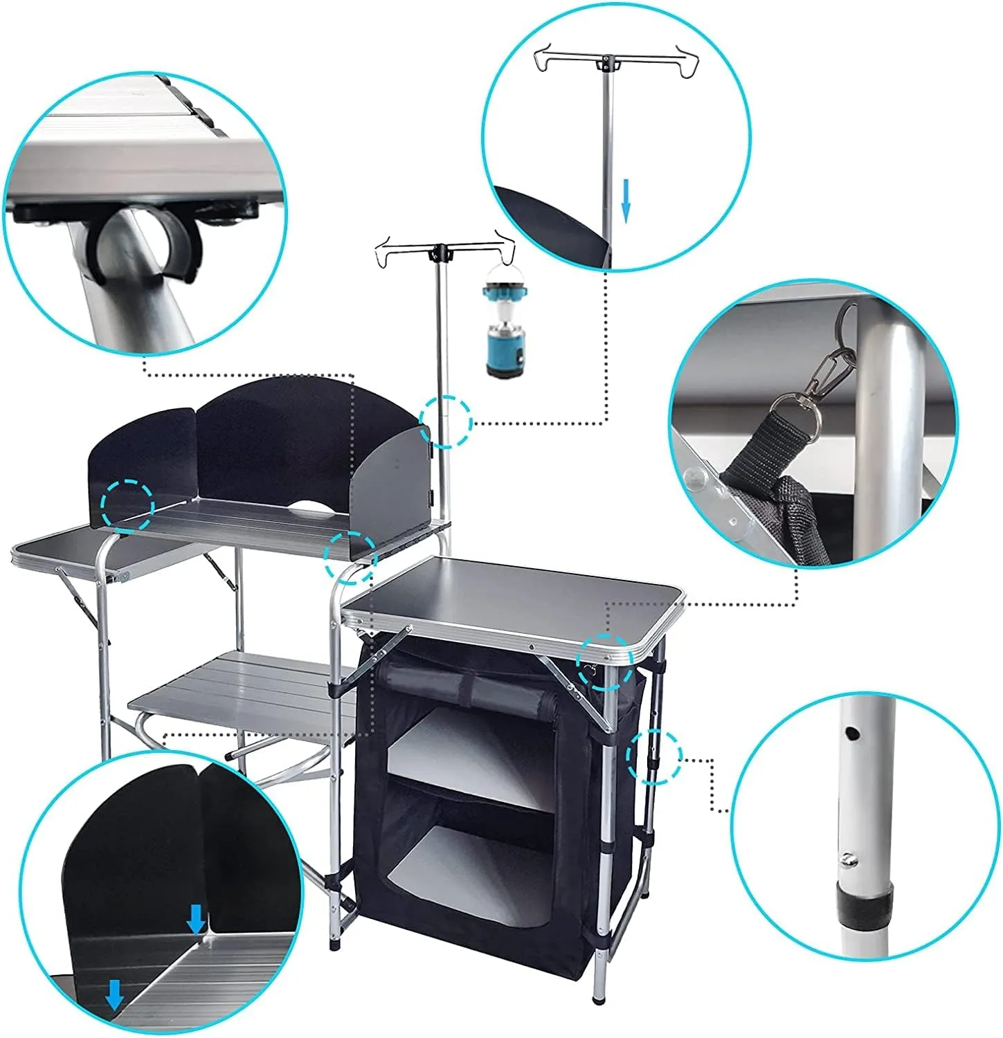 Folding Cooking Table Outdoor Portable Cook Station Aluminum Camping Kitchen with Storage Organizer, Windscreen, Hooks for BBQ, Party (Black)