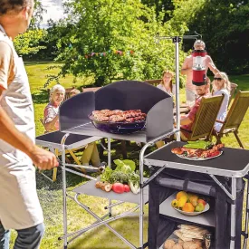 Folding Cooking Table Outdoor Portable Cook Station Aluminum Camping Kitchen with Storage Organizer, Windscreen, Hooks for BBQ, Party (Black)