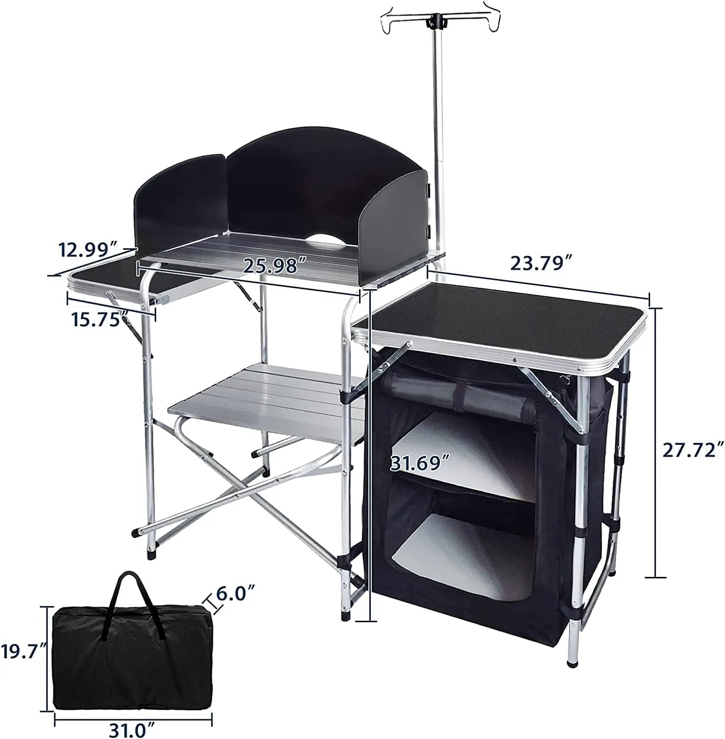 Folding Cooking Table Outdoor Portable Cook Station Aluminum Camping Kitchen with Storage Organizer, Windscreen, Hooks for BBQ, Party (Black)
