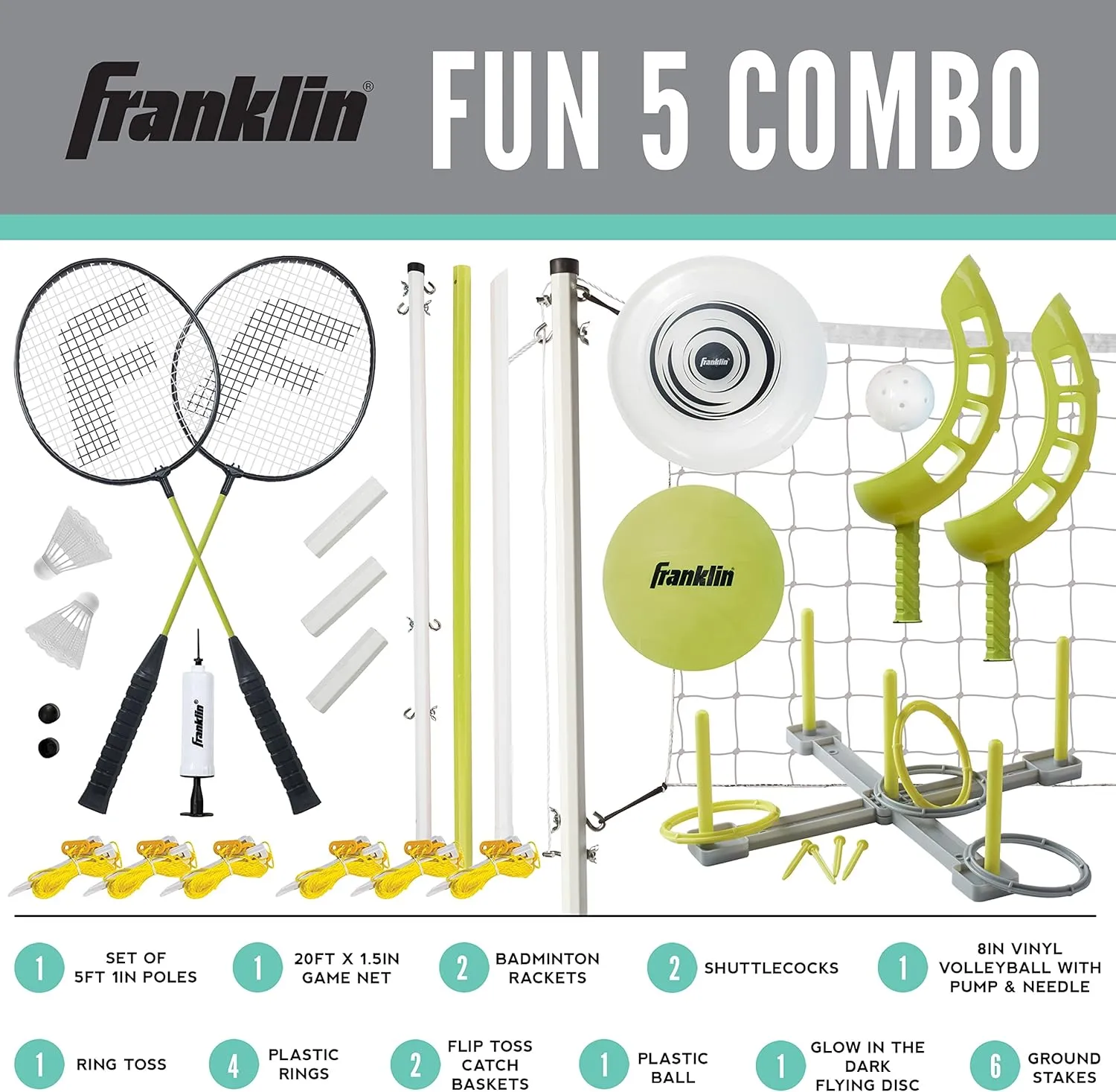 Franklin Sports Fun 5 Combo Outdoor Game Set - Backyard, Beach   Camping Games for Kids - Badminton, Volleyball, Flip Toss, Flying Disc - Horseshoes or Ring Toss