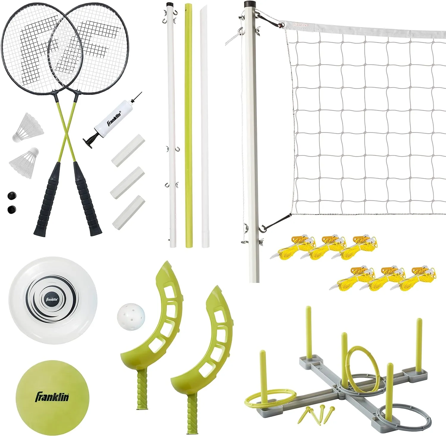 Franklin Sports Fun 5 Combo Outdoor Game Set - Backyard, Beach   Camping Games for Kids - Badminton, Volleyball, Flip Toss, Flying Disc - Horseshoes or Ring Toss