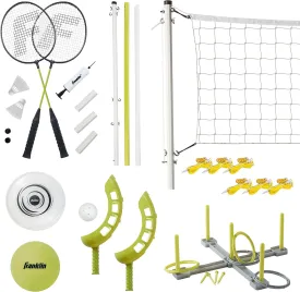 Franklin Sports Fun 5 Combo Outdoor Game Set - Backyard, Beach   Camping Games for Kids - Badminton, Volleyball, Flip Toss, Flying Disc - Horseshoes or Ring Toss