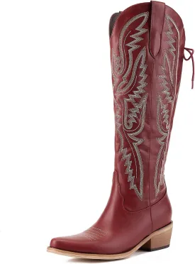 Fringe Cowboy Boots for Women Wide Calf Embroidered Tassal Cowgirl Boot Knee High Snip Toe Pull On Western Shoes