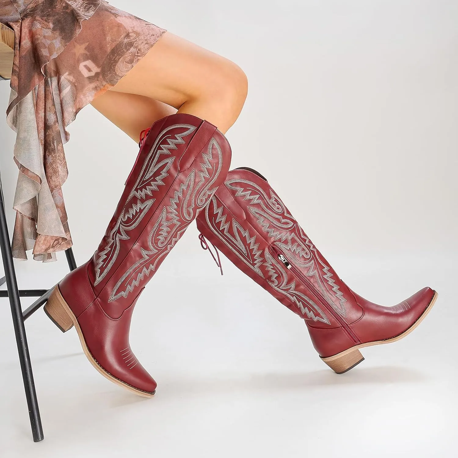 Fringe Cowboy Boots for Women Wide Calf Embroidered Tassal Cowgirl Boot Knee High Snip Toe Pull On Western Shoes