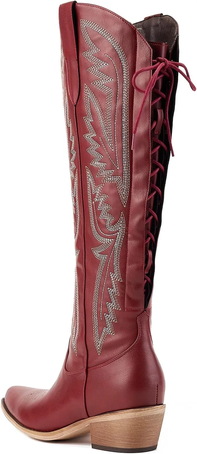 Fringe Cowboy Boots for Women Wide Calf Embroidered Tassal Cowgirl Boot Knee High Snip Toe Pull On Western Shoes