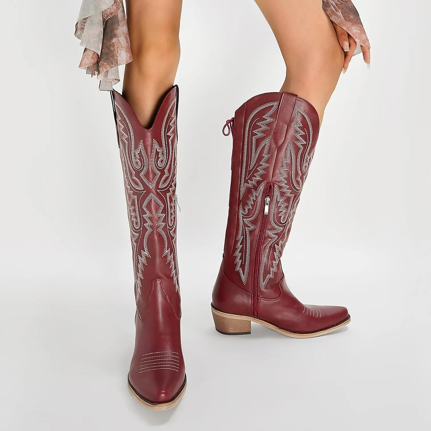 Fringe Cowboy Boots for Women Wide Calf Embroidered Tassal Cowgirl Boot Knee High Snip Toe Pull On Western Shoes