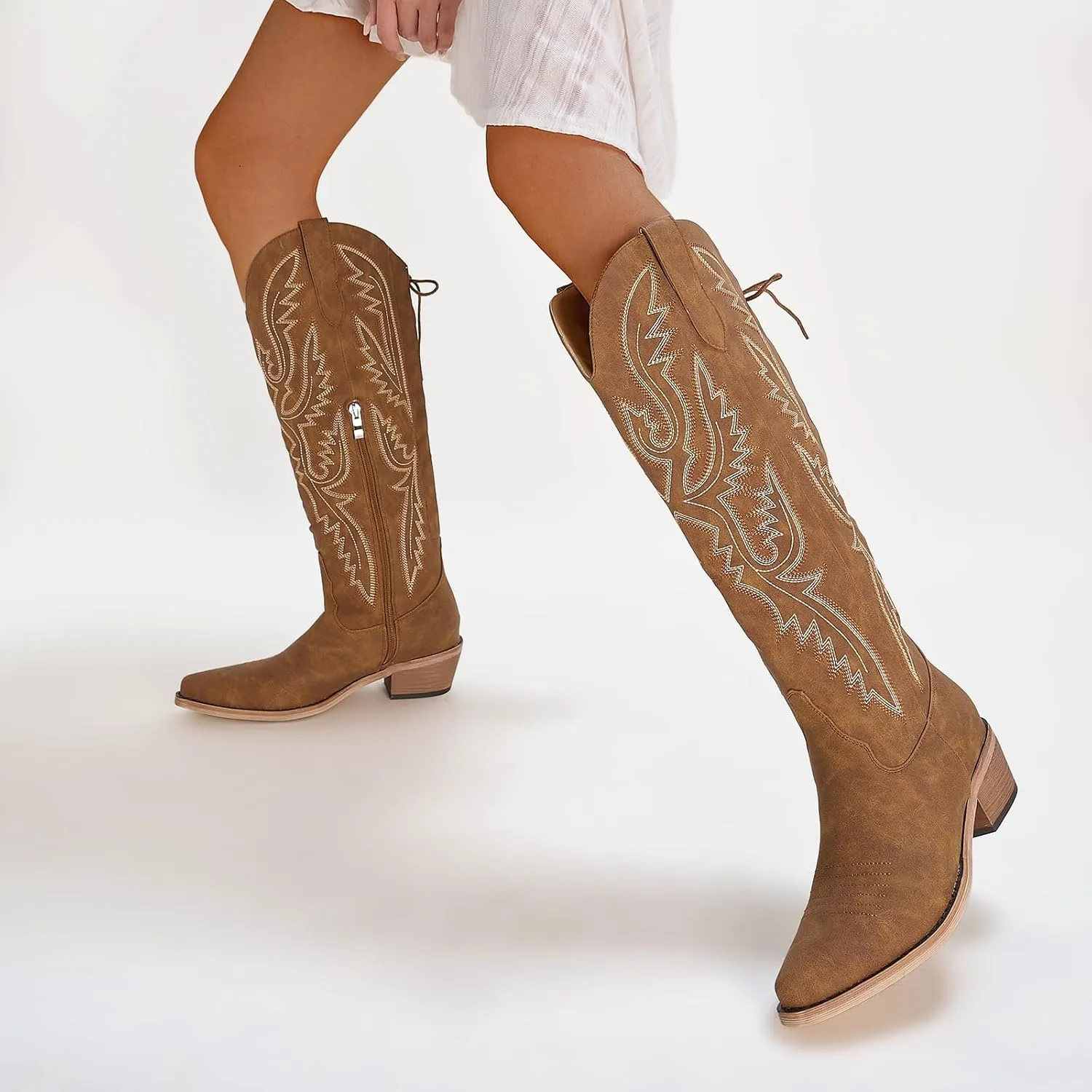 Fringe Cowboy Boots for Women Wide Calf Embroidered Tassal Cowgirl Boot Knee High Snip Toe Pull On Western Shoes