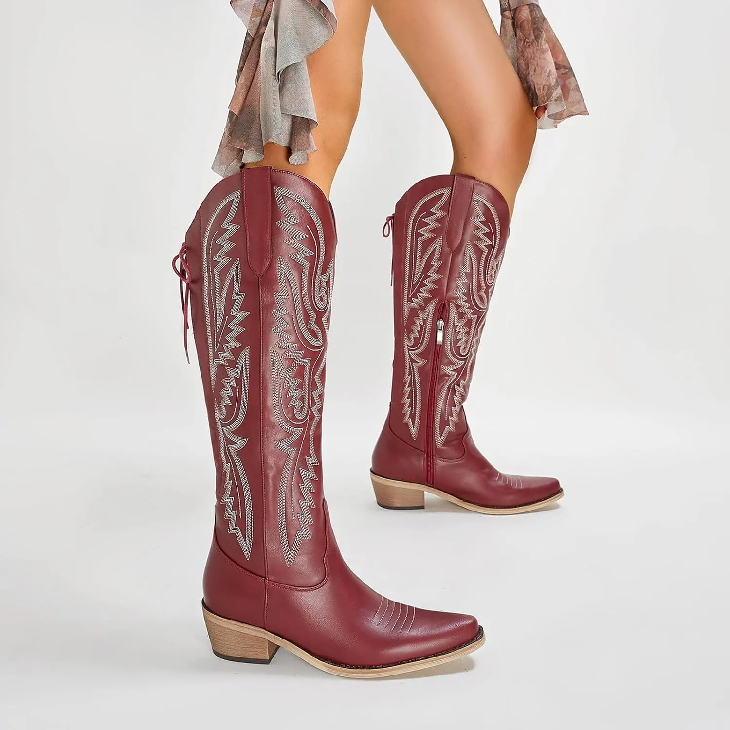 Fringe Cowboy Boots for Women Wide Calf Embroidered Tassal Cowgirl Boot Knee High Snip Toe Pull On Western Shoes