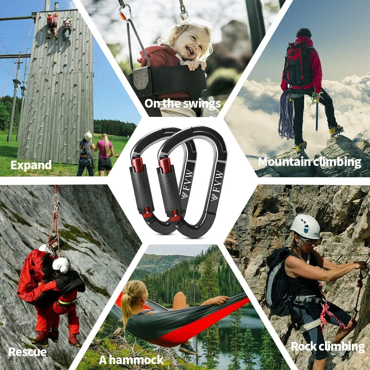 FVW Auto Locking Rock Climbing Carabiner Clips,Professional 25KN (5620 lbs) Heavy Duty Caribeaners for Rappelling Swing Rescue & Gym etc, Large D-Shaped Carabiners