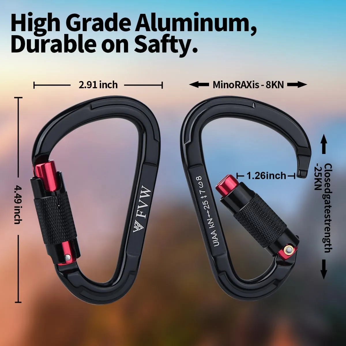 FVW Auto Locking Rock Climbing Carabiner Clips,Professional 25KN (5620 lbs) Heavy Duty Caribeaners for Rappelling Swing Rescue & Gym etc, Large D-Shaped Carabiners