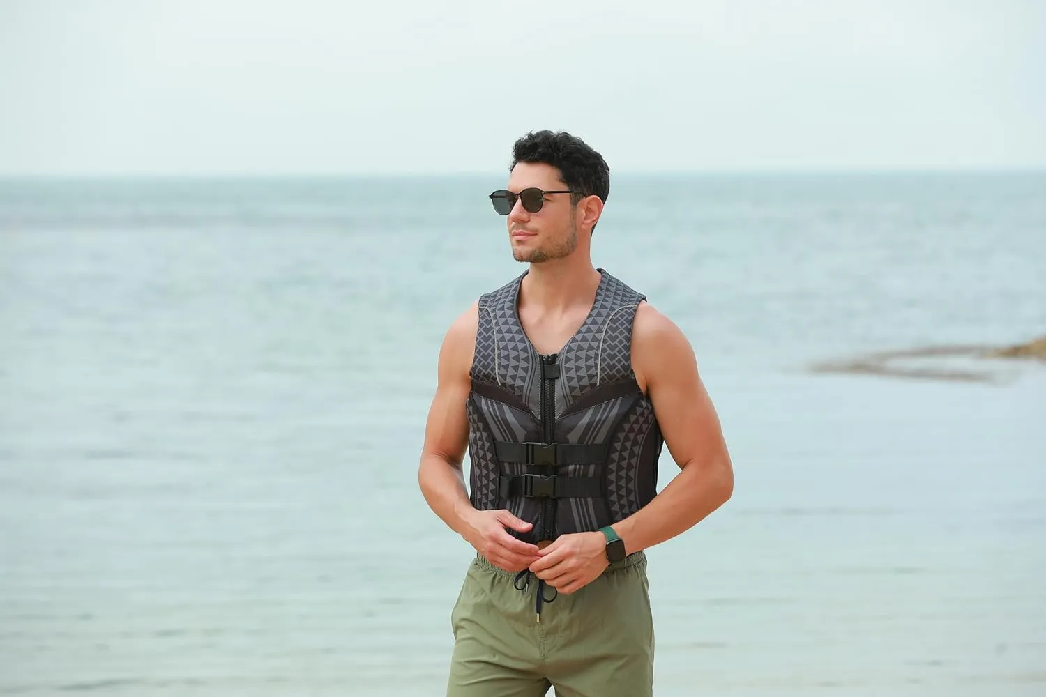 Geometric Print Life Vest, Zipper Front, Adjustable Buckles