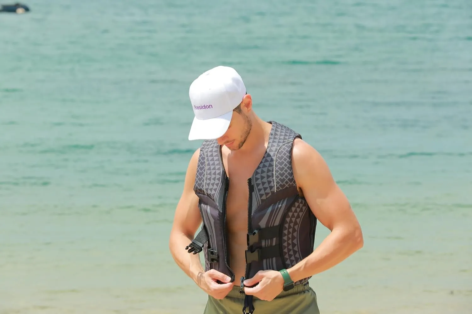 Geometric Print Life Vest, Zipper Front, Adjustable Buckles