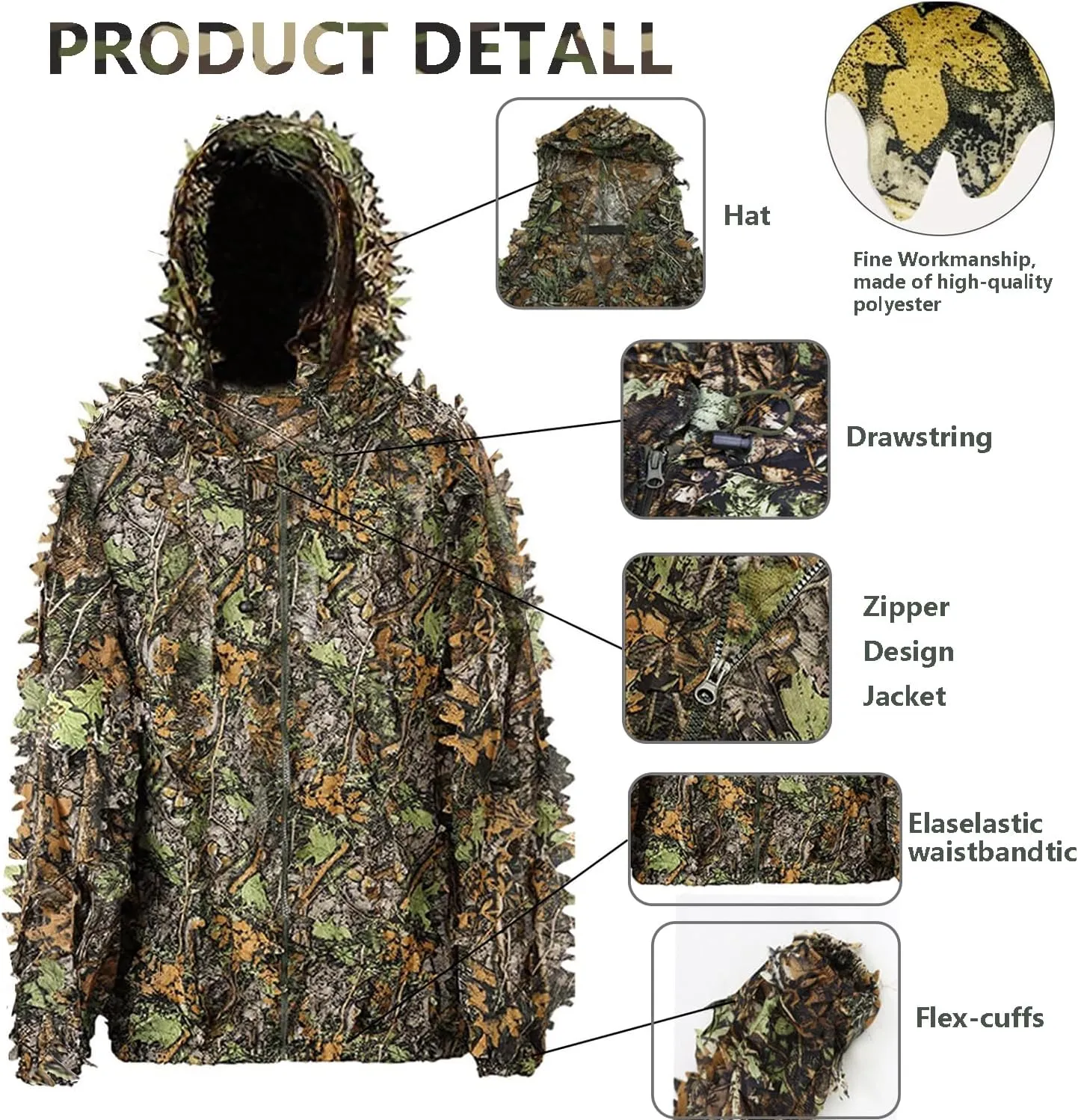Ghillie Suit, 3D Leafy Camo Suit Hunting Camouflage Clothing Woodland Apparel for Hunting Airsoft Wildlife Photography