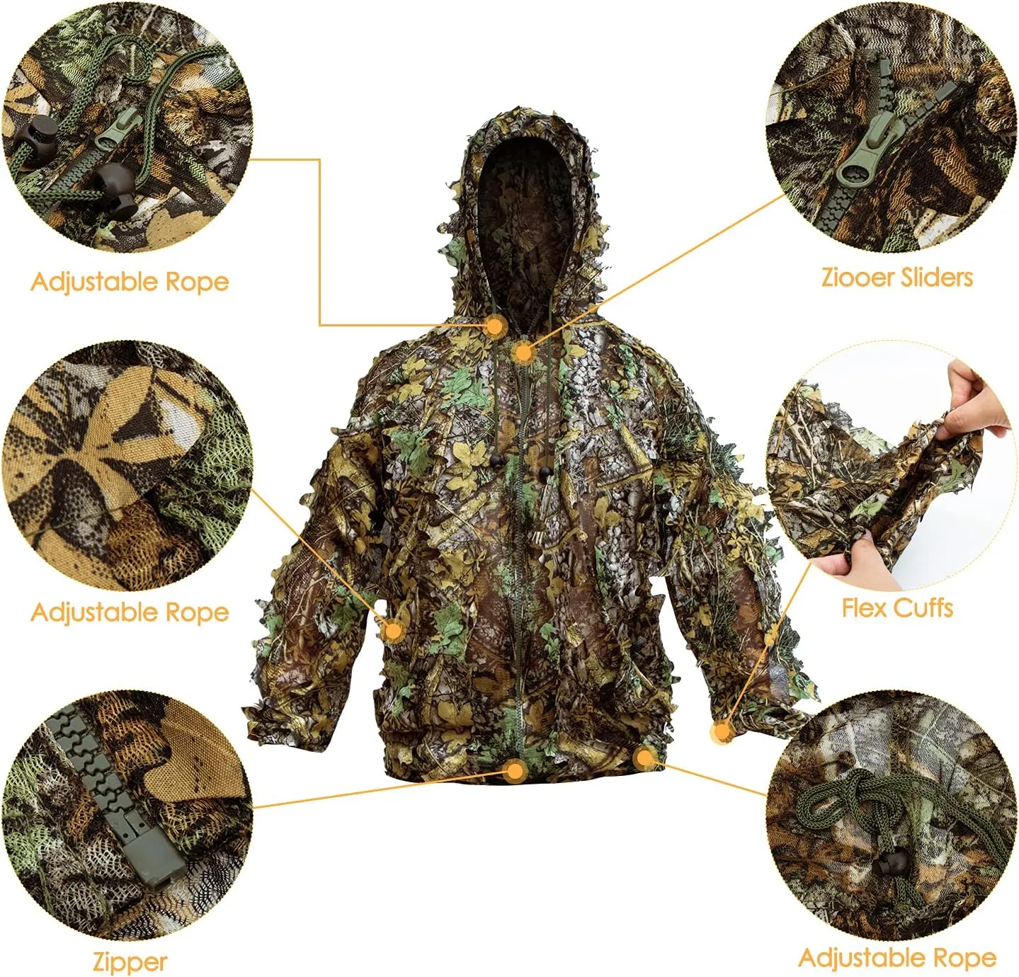 Ghillie Suit, Kids Adult 3D Leafy Camouflage Clothing, Camo Suit for Turkey Hunting, Hunting Suit for Outdoor Game Halloween