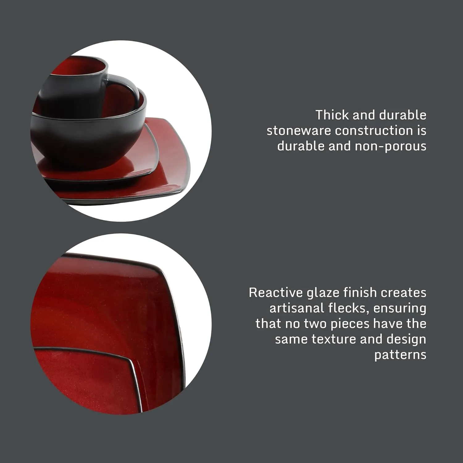 Gibson Soho Lounge Square Reactive Glaze Dinnerware Set, Red, Service for 4 (16pcs)
