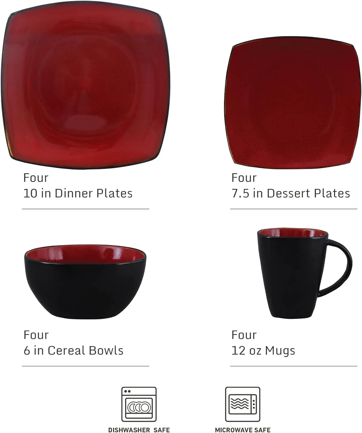 Gibson Soho Lounge Square Reactive Glaze Dinnerware Set, Red, Service for 4 (16pcs)