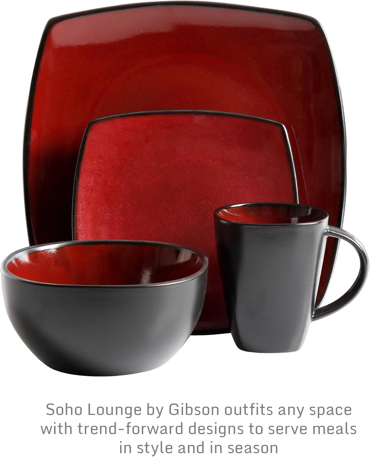Gibson Soho Lounge Square Reactive Glaze Dinnerware Set, Red, Service for 4 (16pcs)