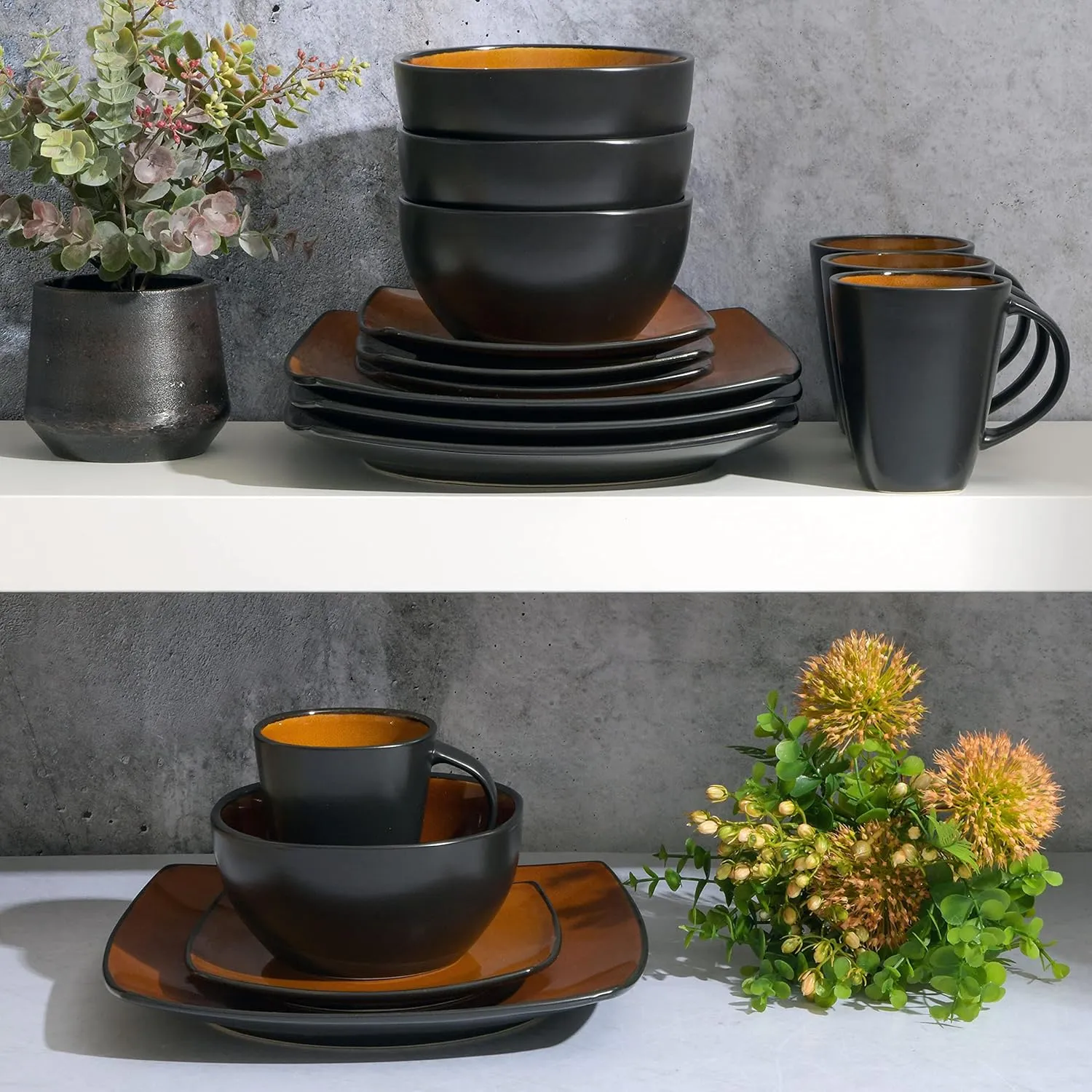 Gibson Soho Lounge Square Reactive Glaze Stoneware Dinnerware Set, Service for 4 (16pc), Amber
