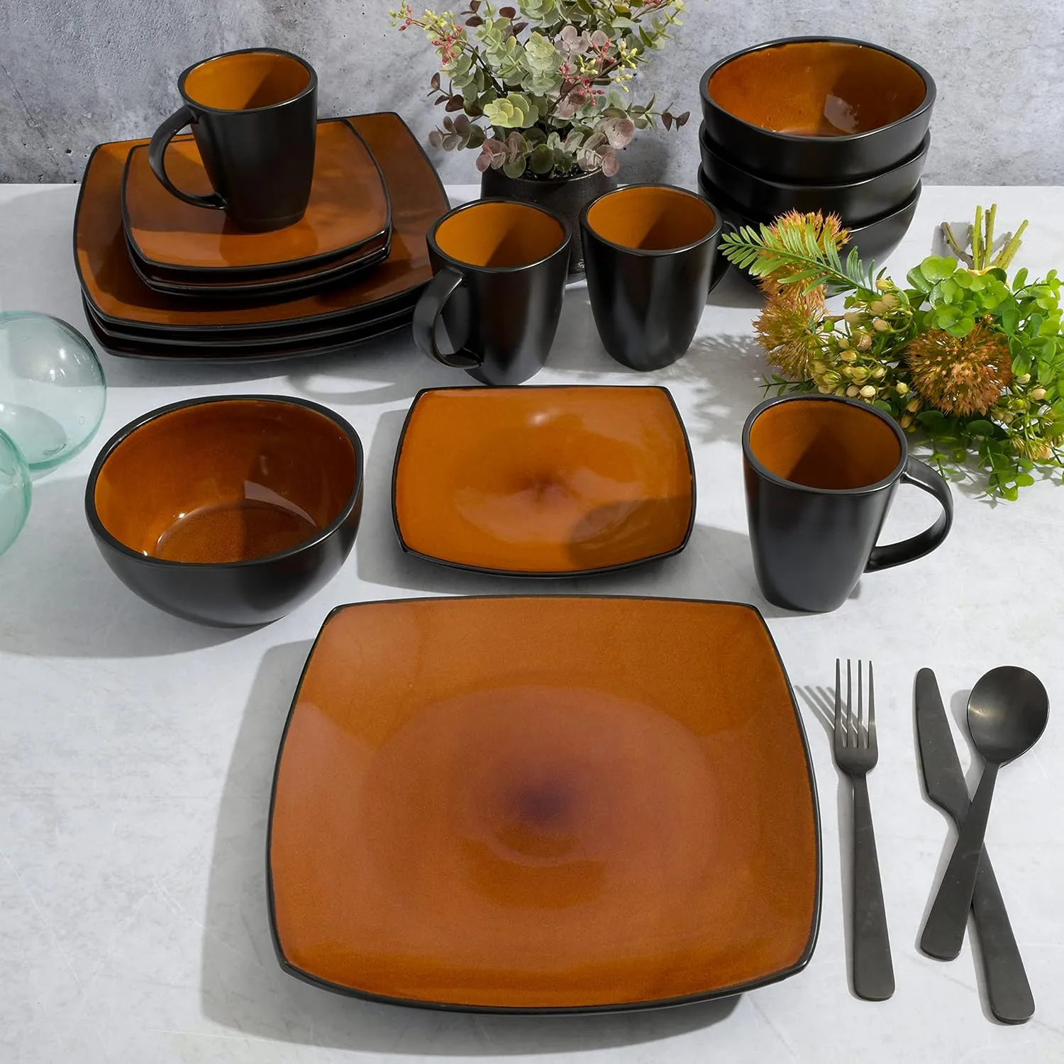 Gibson Soho Lounge Square Reactive Glaze Stoneware Dinnerware Set, Service for 4 (16pc), Amber